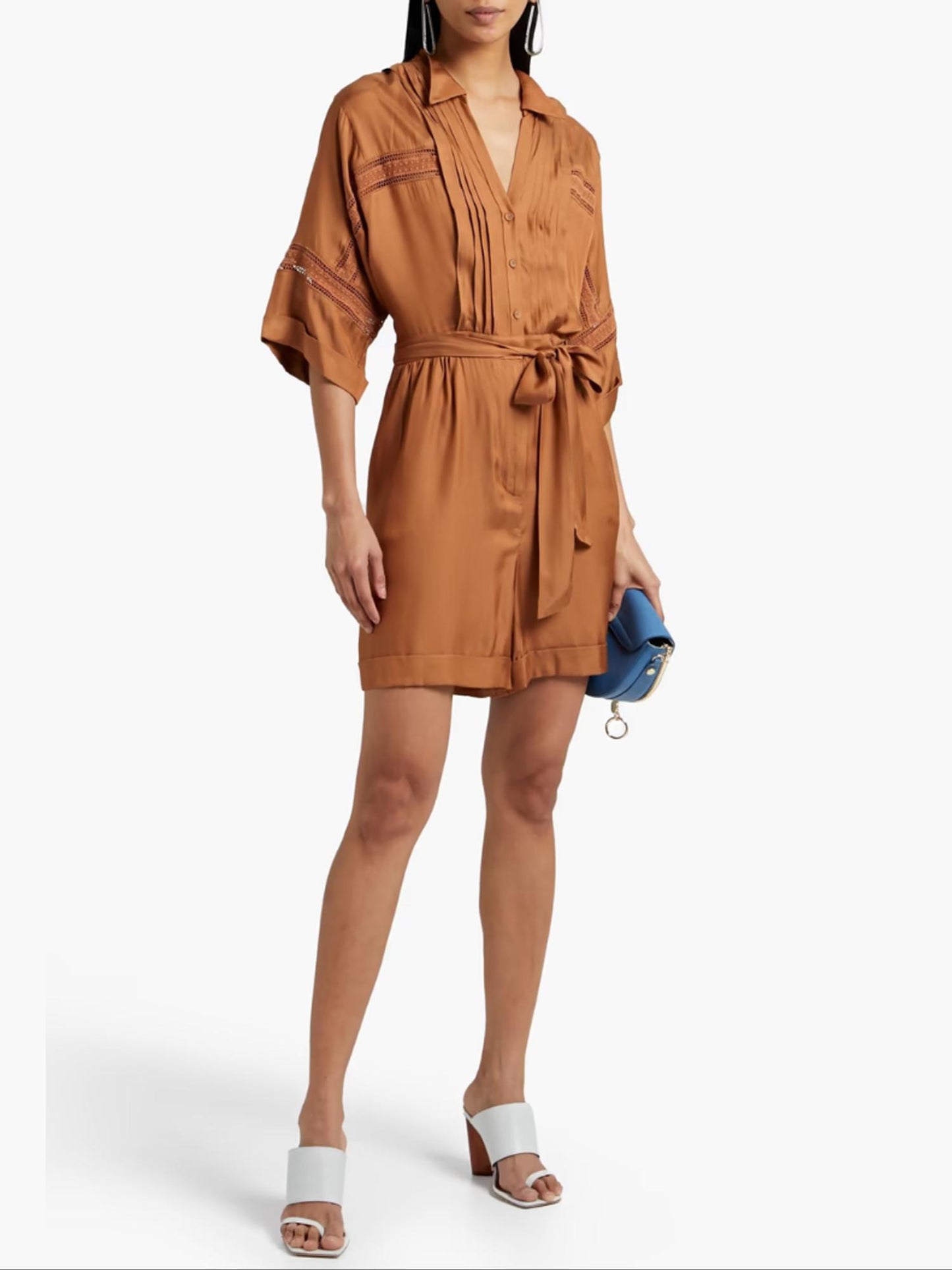 Diane Von Furstenberg - Bara Satin Pintucked Button Front Silk Blend Romper - Sz 0