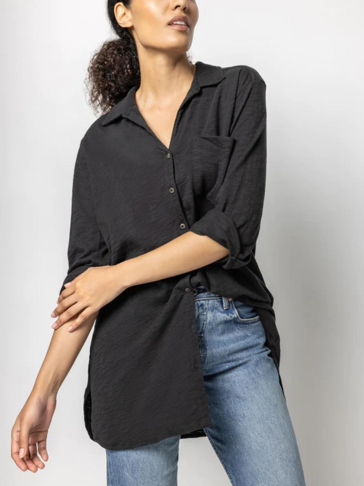 Lilla P - 3/4 Sleeve Cotton Button-Down Tunic - Sz S