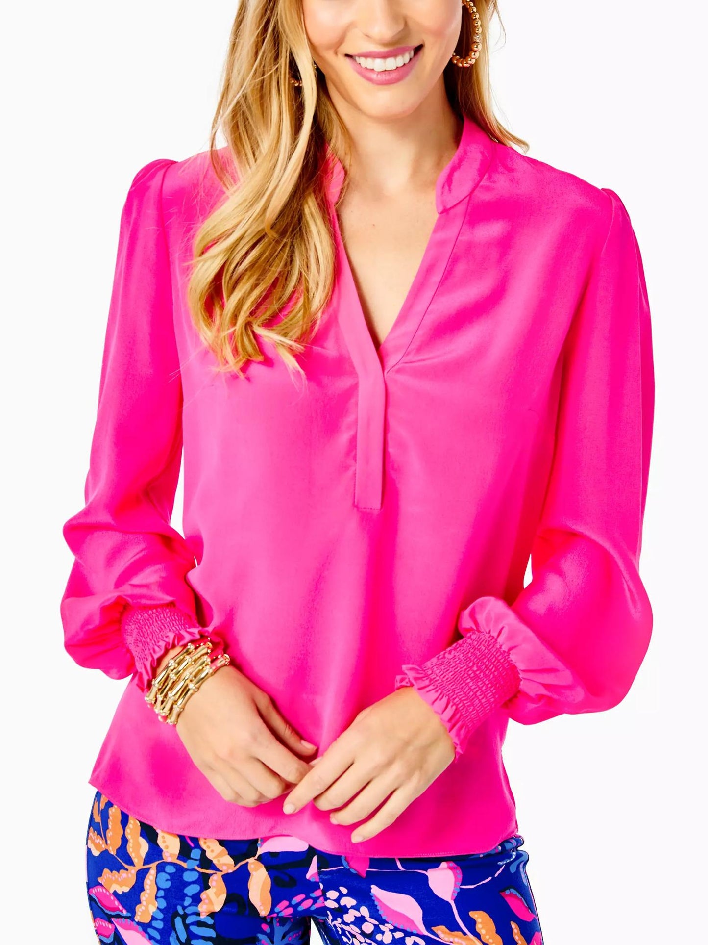 Lilly Pulitzer - Dae Smocked Cuff Popover Silk Blouse - Sz M