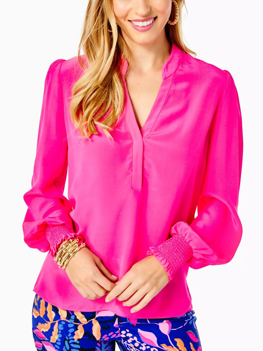 Lilly Pulitzer - Dae Smocked Cuff Popover Silk Blouse - Sz M