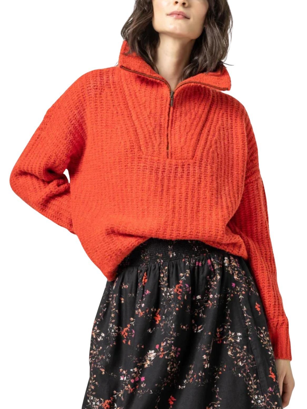 Lilla P - Ribbed Half Zip Long Sleeve Cotton Blend Sweater - Sz S