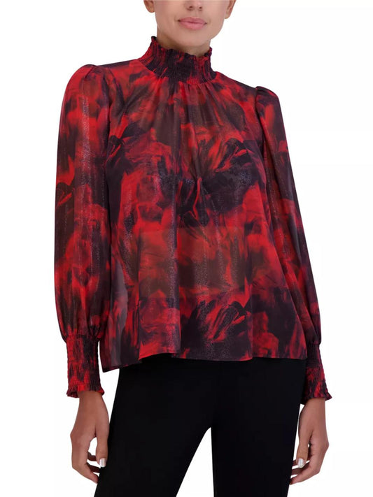 BCBG Maxazria - Mock Neck Long Sleeve Smocked Cuff Blouse - Sz M