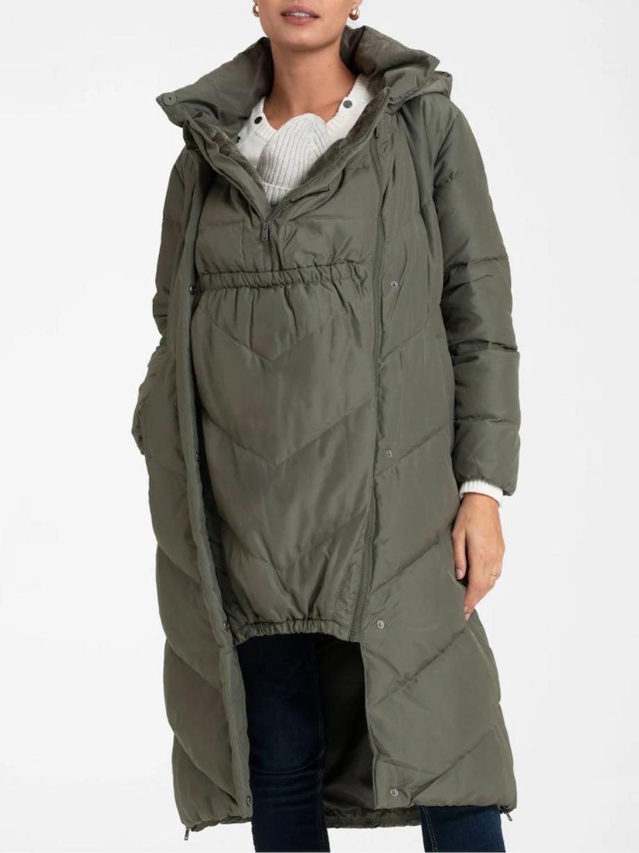 Seraphine - Adena Quilted Maternity and Babywearing Long Puffer Coat - Green