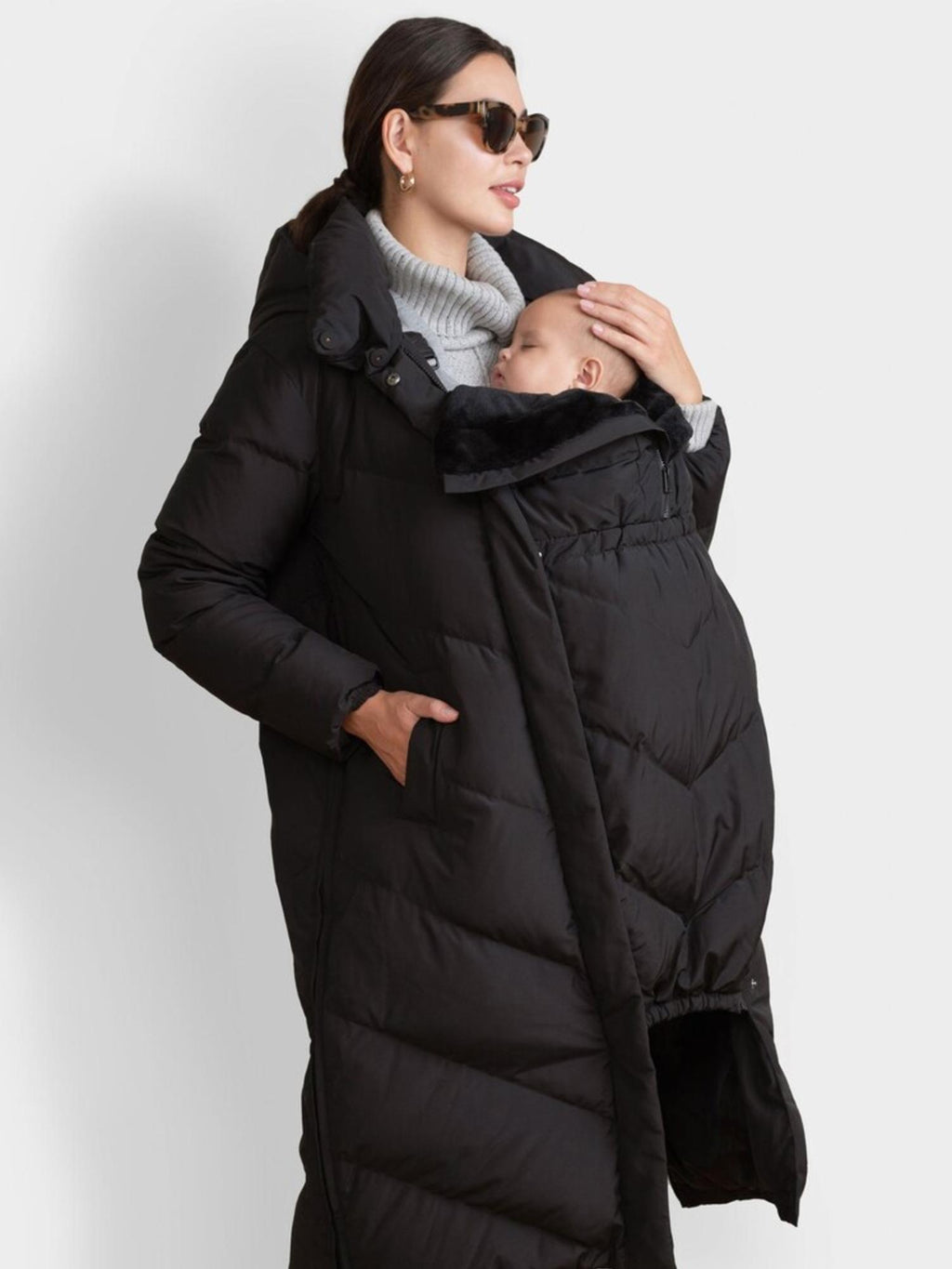 Seraphine - Adena Quilted Maternity and Babywearing Long Puffer Coat - Black