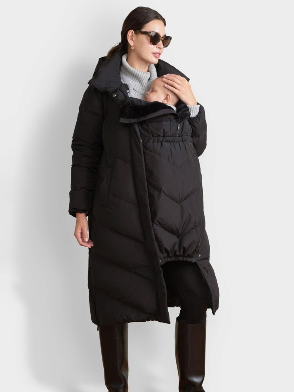 Seraphine - Adena Quilted Maternity and Babywearing Long Puffer Coat - Black