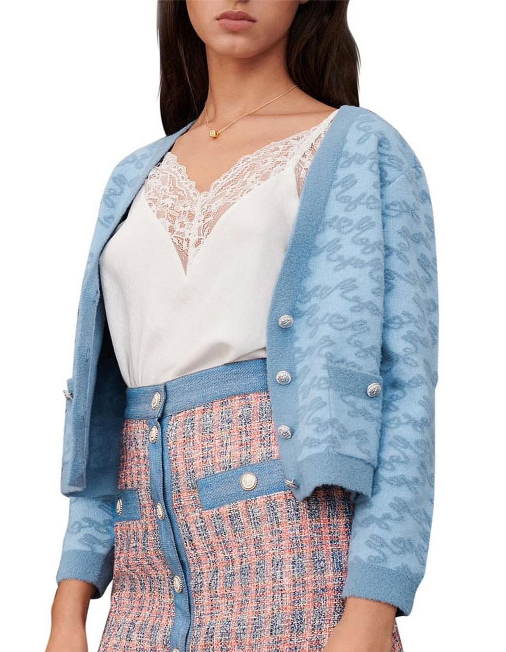Maje - Moetic Jacquard Knit V-Neck Cropped Cardigan - Sz L