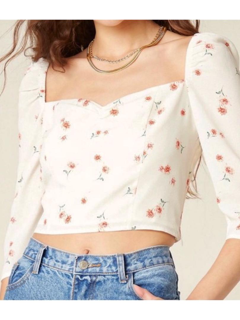 BB Dakota - Printed Puff Sleeve Cropped Top - Sz L