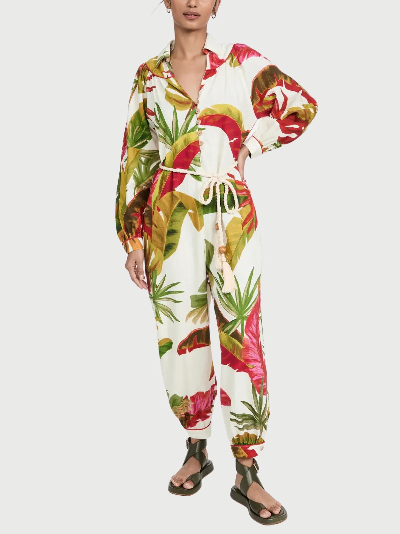 FARM Rio - Spring Forest Puff Sleeve Linen Blend Jumpsuit - Sz L