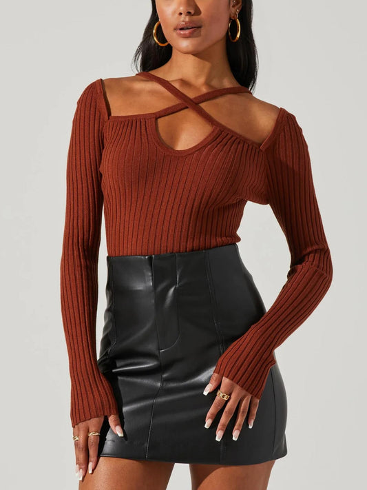 ASTR the Label - Criss-Cross Strap Long Sleeve Ribbed Knit Top - Sz S