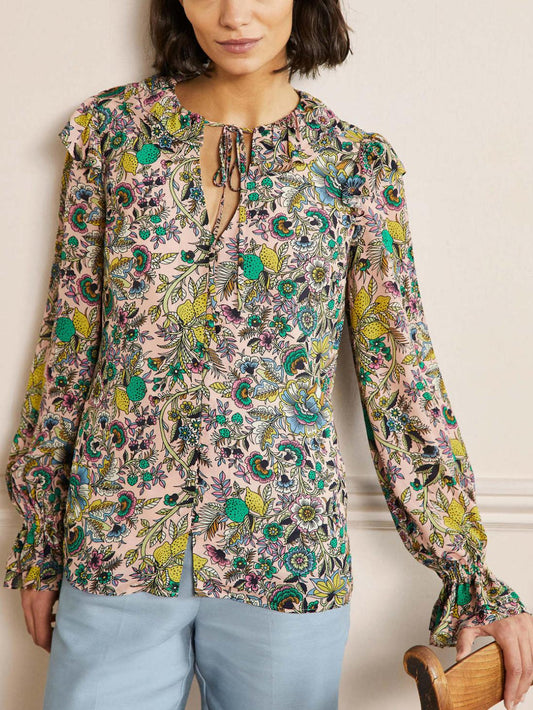 Boden - Cuffed Sleeve Ruffle Neck Blouse - Sz 8