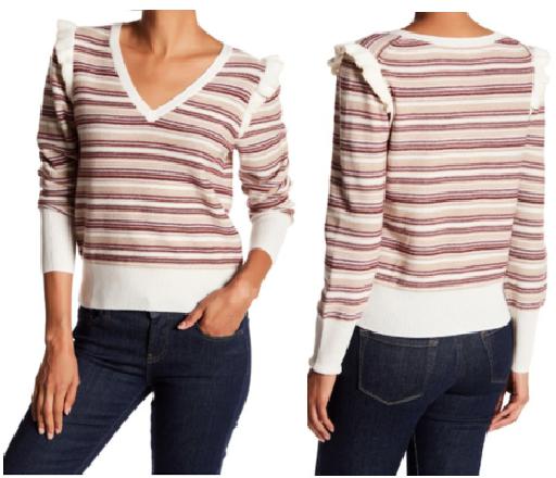 Joie - V-Neck Long Sleeve Striped Sweater with Shoulder Ruffle - Sz S