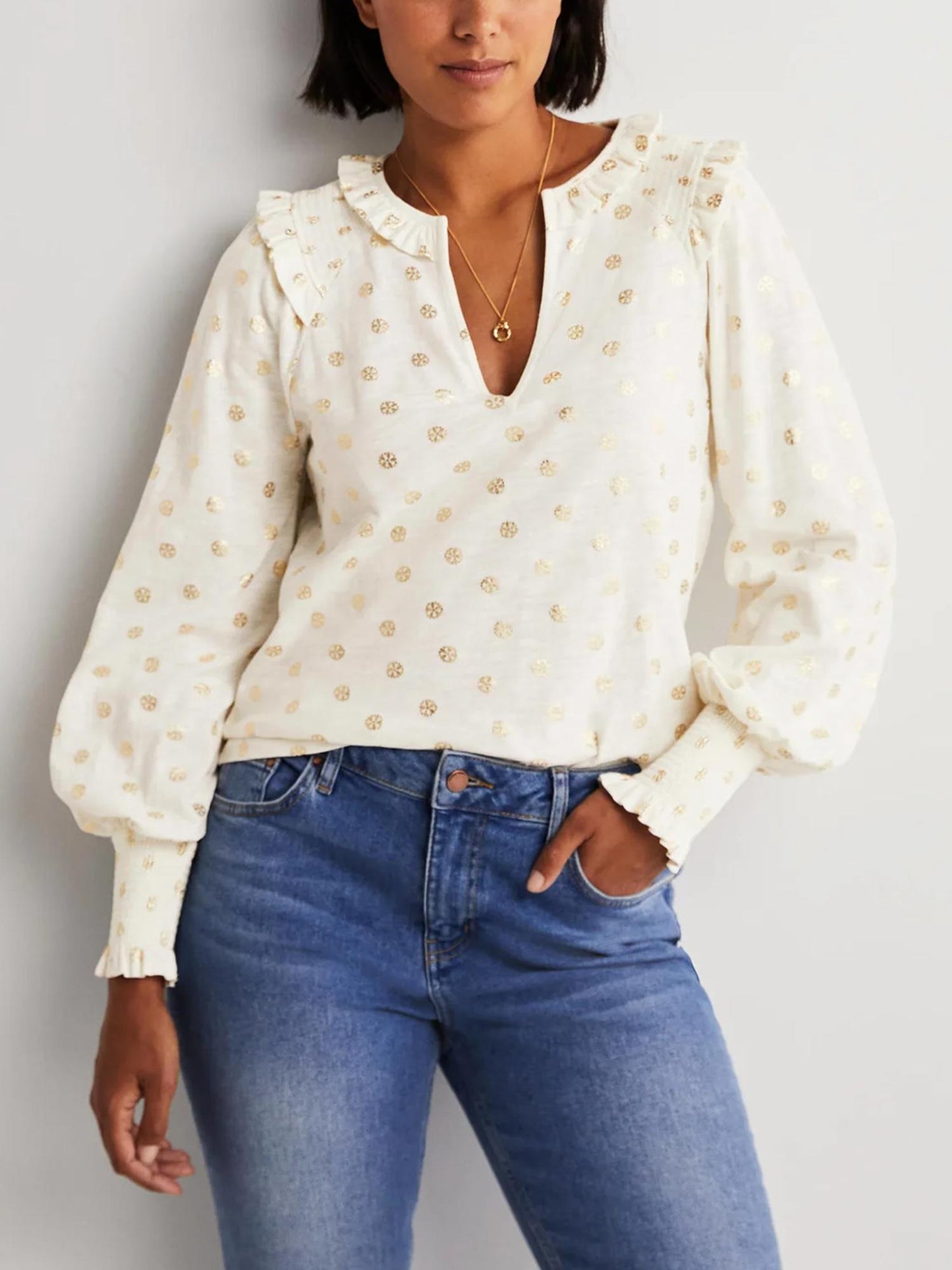 Boden - Notch Neck Smocked Frill Top - Sz 16/18