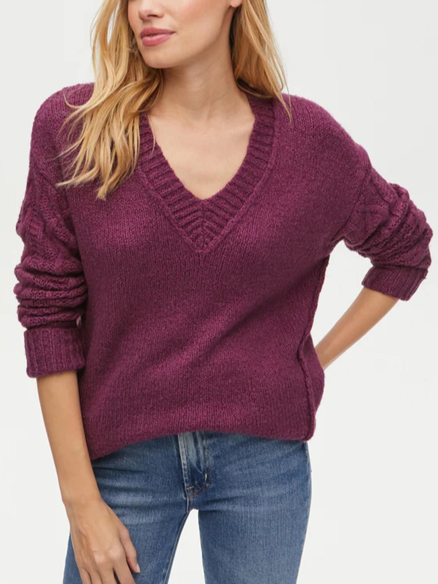 Michael Stars - Jada Cable Knit Sleeve V-Neck Sweater - Sz XS