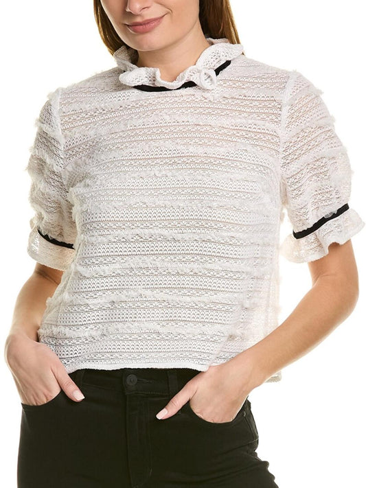 BCBG Maxazria - Lace Ruffle Neck Short Sleeve Tops - Sz S