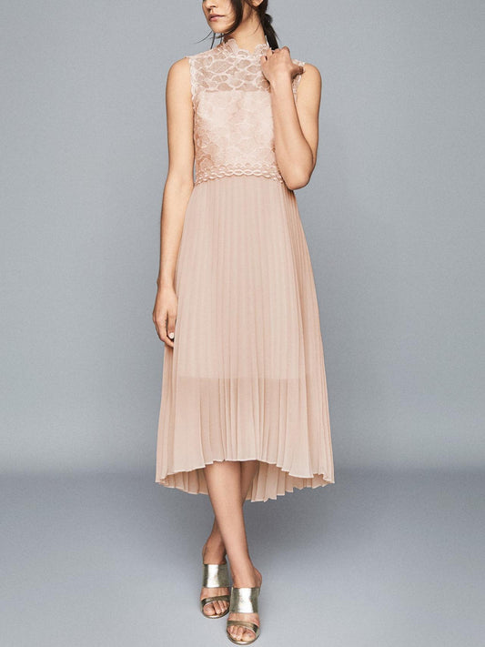 Reiss - Aideen Lace Top Pleated Midi Dress - Sz 10